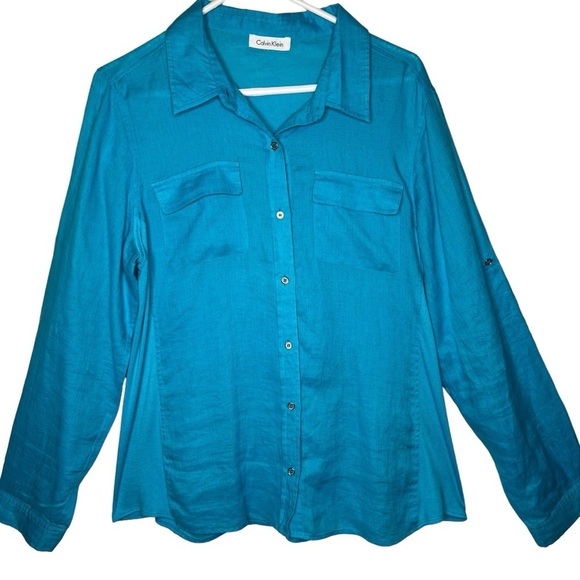 Calvin Klein Teal Blue 100% Linen Long Roll Tab Sleeve Button Up Shirt Size 1X - Picture 2 of 14